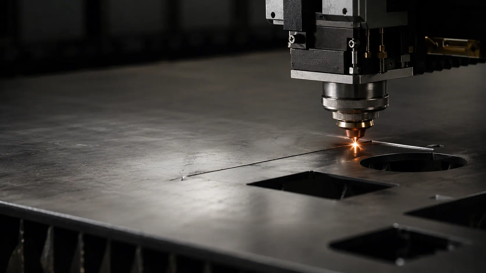 Cabezal de corte láser trabajando sobre una lámina de acero en el taller